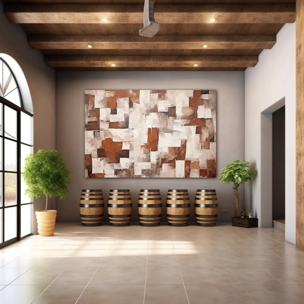 Cuadro pulchritudo in abstractione en formato horizontal con colores blanco, marrón; decorando pared de bodega