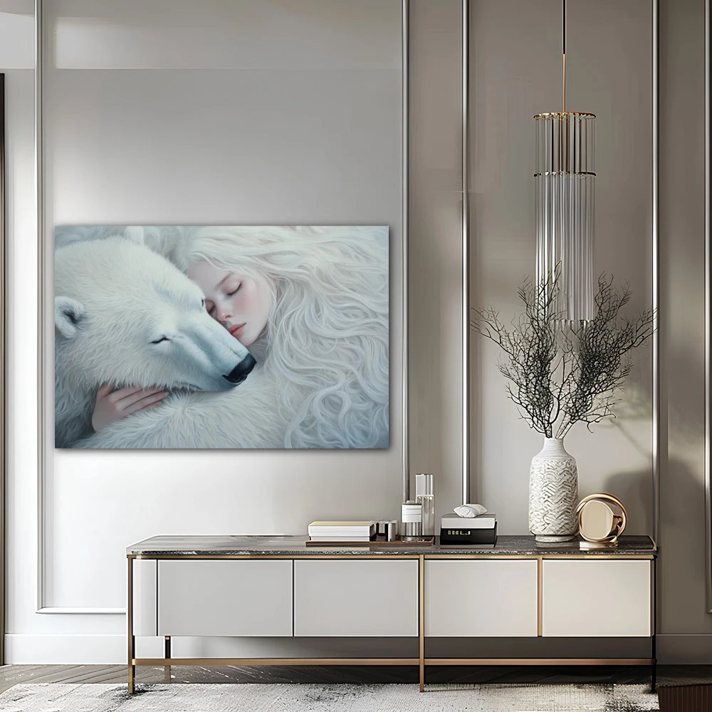 Wall Art titled: Winter's Breath in a Horizontal format with: white, and Grey Colors; Decoration the Sideboard wall