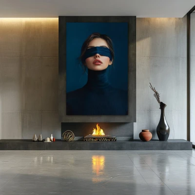 Wall Art titled: Behind the Silence in a  format with: Blue, and Navy Blue Colors; Decoration the Fireplace wall