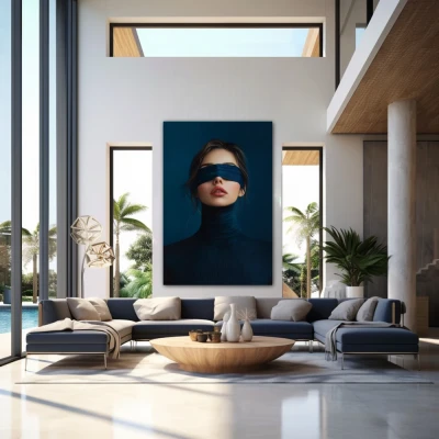 Wall Art titled: Behind the Silence in a Vertical format with: Blue, and Navy Blue Colors; Decoration the Above Couch wall