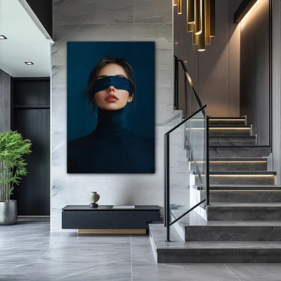 Wall Art titled: Behind the Silence in a  format with: Blue, and Navy Blue Colors; Decoration the Staircase wall