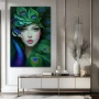 Wall Art titled: Feathered Dream in a Vertical format with: Blue, and Green Colors; Decoration the Sideboard wall