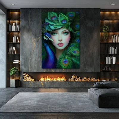 Wall Art titled: Feathered Dream in a Vertical format with: Blue, and Green Colors; Decoration the Fireplace wall