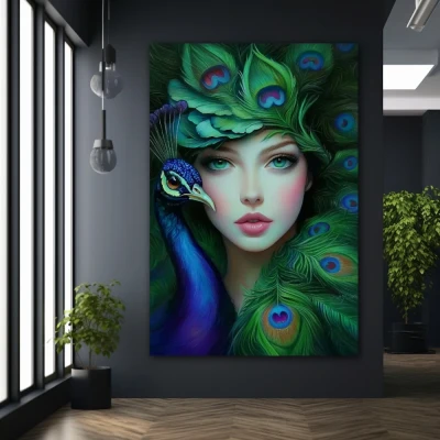 Wall Art titled: Feathered Dream in a Vertical format with: Blue, and Green Colors; Decoration the Black Walls wall