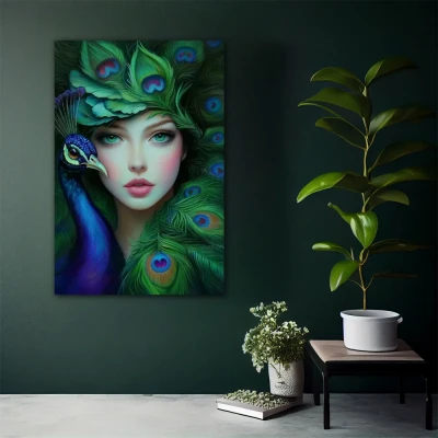 Wall Art titled: Feathered Dream in a Vertical format with: Blue, and Green Colors; Decoration the Living Room wall