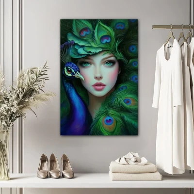 Wall Art titled: Feathered Dream in a Vertical format with: Blue, and Green Colors; Decoration the Dressing Room wall