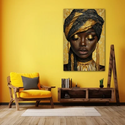 Wall Art titled: Tears of the Earth in a Vertical format with: Yellow, and Golden Colors; Decoration the Yellow Walls wall