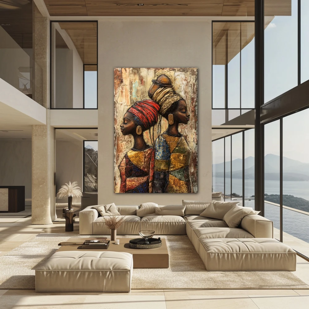 Wall Art titled: Ancestral Duality in a Vertical format with: Brown, and Beige Colors; Decoration the Above Couch wall