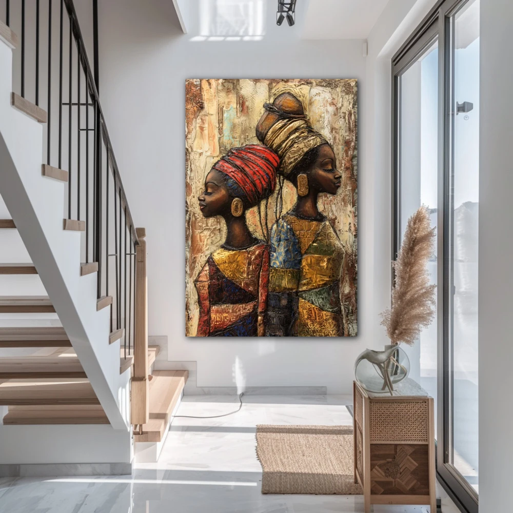 Wall Art titled: Ancestral Duality in a Vertical format with: Brown, and Beige Colors; Decoration the Staircase wall