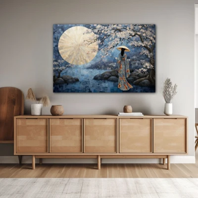 Wall Art titled: Spring Serenity in a  format with: Blue, Grey, and Beige Colors; Decoration the Sideboard wall