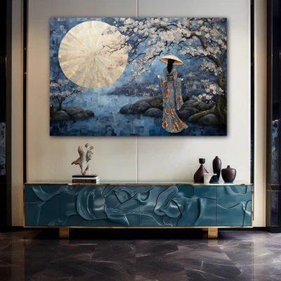 Wall Art titled: Spring Serenity in a  format with: Blue, Grey, and Beige Colors; Decoration the Sideboard wall