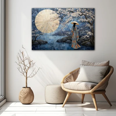 Wall Art titled: Spring Serenity in a  format with: Blue, Grey, and Beige Colors; Decoration the White Wall wall