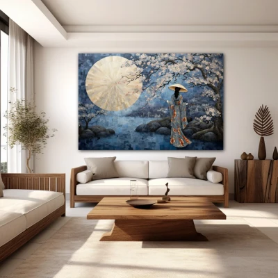 Wall Art titled: Spring Serenity in a  format with: Blue, Grey, and Beige Colors; Decoration the White Wall wall