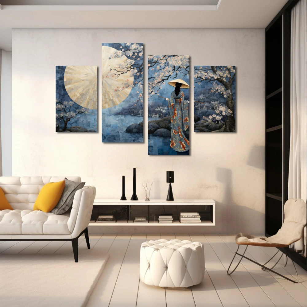 Wall Art titled: Spring Serenity in a Horizontal format with: Blue, Grey, and Beige Colors; Decoration the White Wall wall