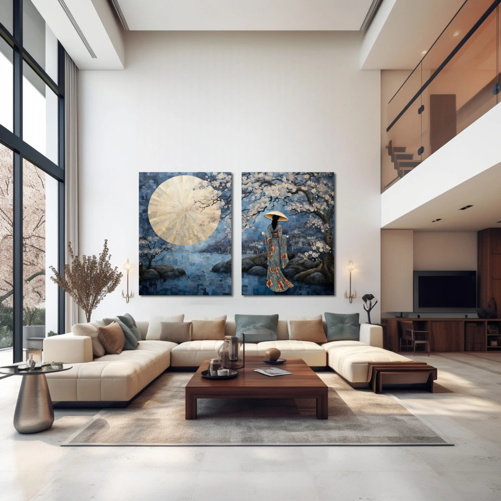 Wall Art titled: Spring Serenity in a Horizontal format with: Blue, Grey, and Beige Colors; Decoration the Above Couch wall