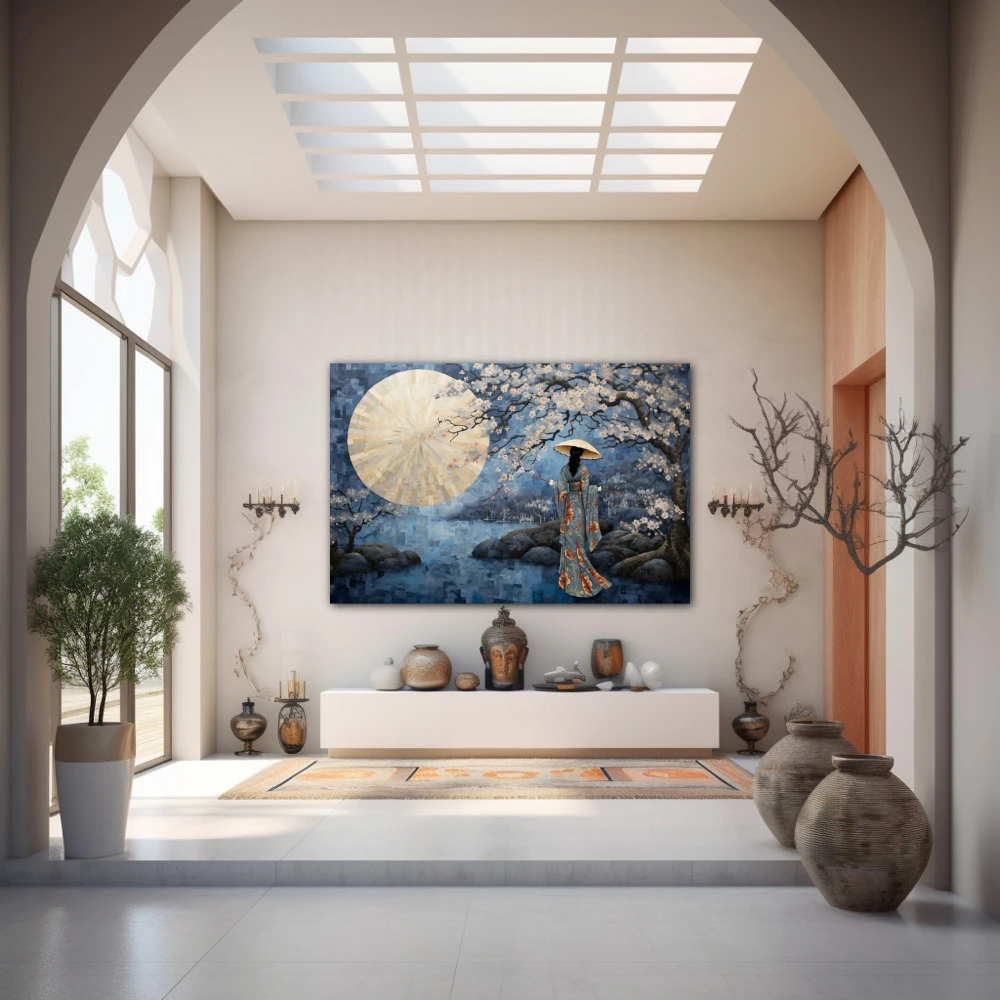 Wall Art titled: Spring Serenity in a Horizontal format with: Blue, Grey, and Beige Colors; Decoration the Entryway wall
