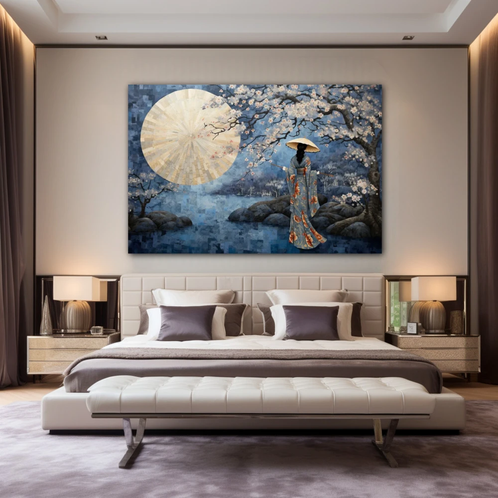 Cuadro serenidad primaveral en formato horizontal con colores azul, gris, beige; decorando pared de habitación dormitorio