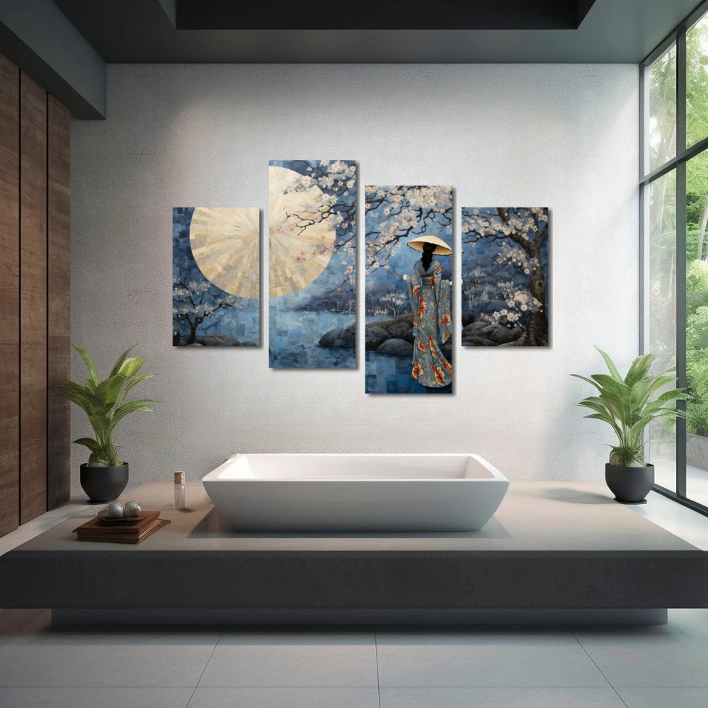 Cuadro serenidad primaveral en formato políptico con colores azul, gris, beige; decorando pared de spa