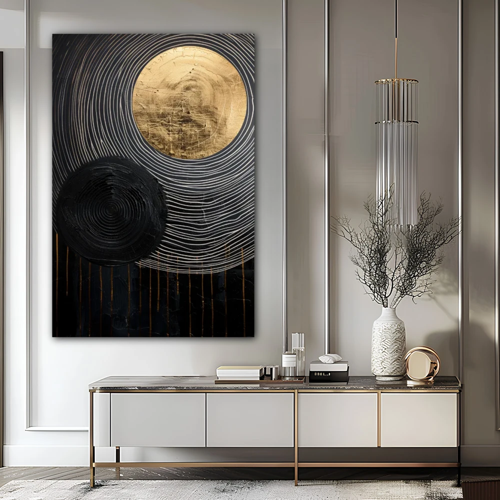 Wall Art titled: Golden Eclipse in a Vertical format with: Golden, and Black Colors; Decoration the Sideboard wall