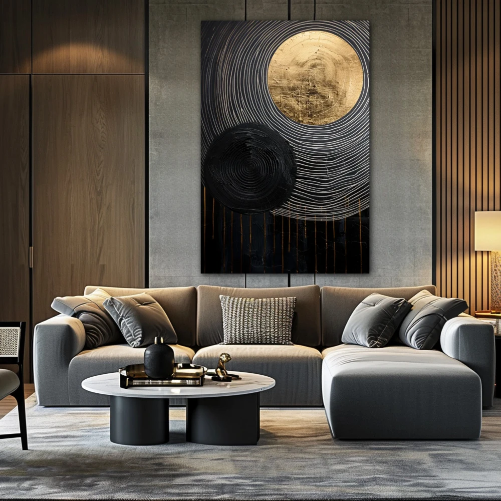 Wall Art titled: Golden Eclipse in a Vertical format with: Golden, and Black Colors; Decoration the Above Couch wall