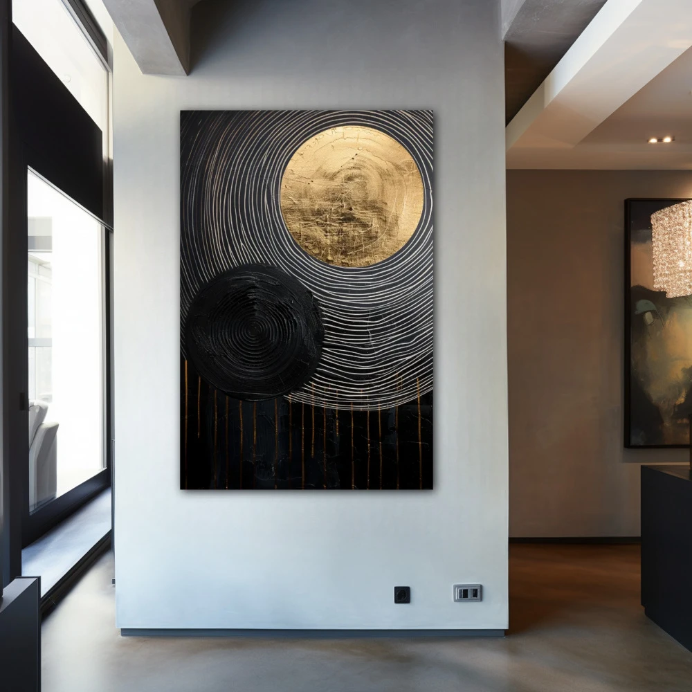 Wall Art titled: Golden Eclipse in a Vertical format with: Golden, and Black Colors; Decoration the Entryway wall