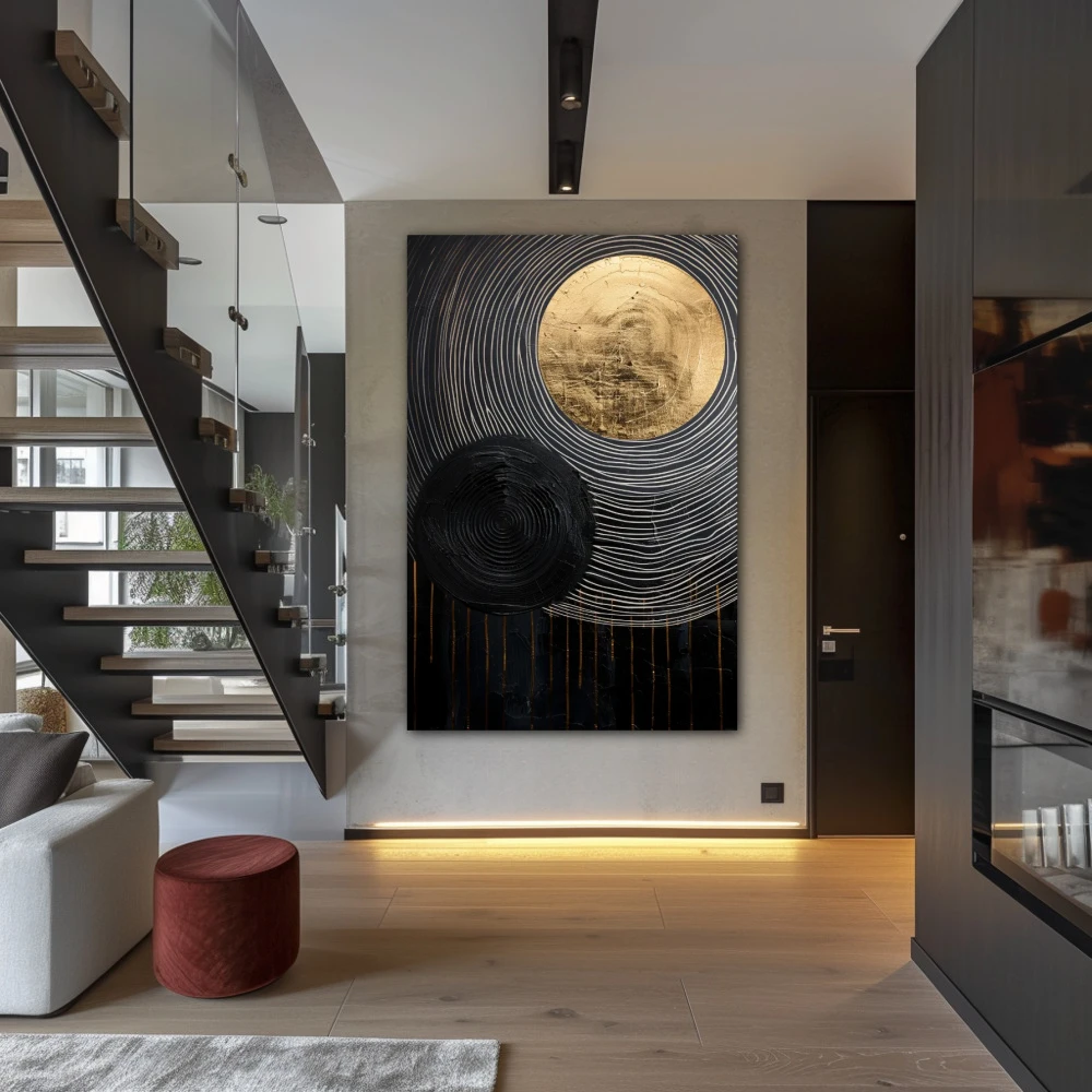 Wall Art titled: Golden Eclipse in a Vertical format with: Golden, and Black Colors; Decoration the Staircase wall