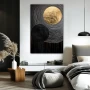 Wall Art titled: Golden Eclipse in a Vertical format with: Golden, and Black Colors; Decoration the Bedroom wall