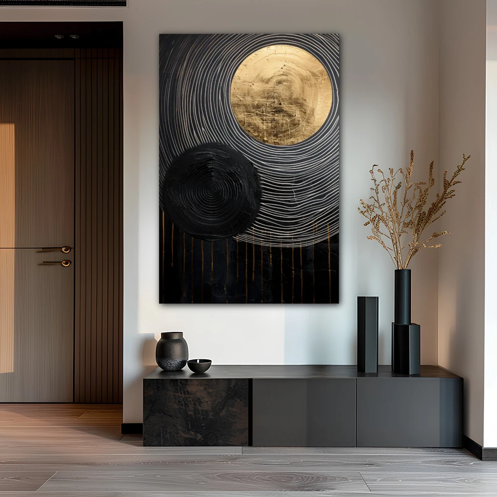 Wall Art titled: Golden Eclipse in a Vertical format with: Golden, and Black Colors; Decoration the Office wall