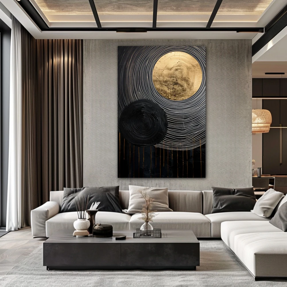 Wall Art titled: Golden Eclipse in a Vertical format with: Golden, and Black Colors; Decoration the Living Room wall