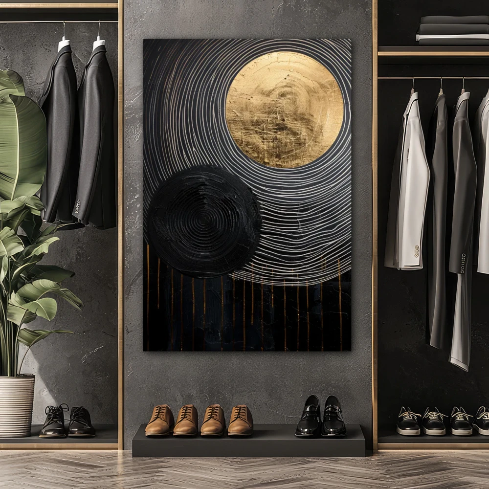 Wall Art titled: Golden Eclipse in a Vertical format with: Golden, and Black Colors; Decoration the Dressing Room wall