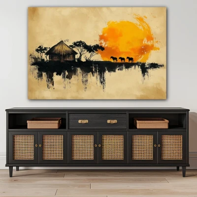 Wall Art titled: Abode of the Ancestral Sun in a  format with: Yellow, Orange, and Beige Colors; Decoration the Sideboard wall