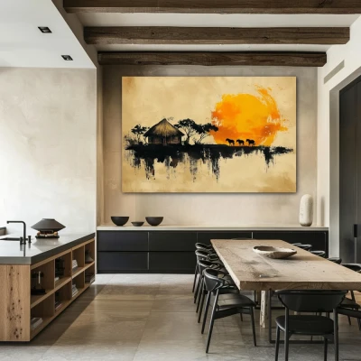 Wall Art titled: Abode of the Ancestral Sun in a  format with: Yellow, Orange, and Beige Colors; Decoration the Kitchen wall