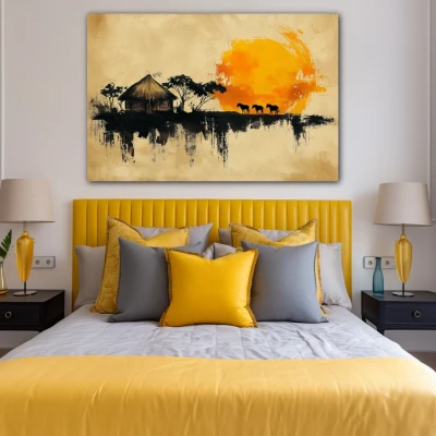 Wall Art titled: Abode of the Ancestral Sun in a  format with: Yellow, Orange, and Beige Colors; Decoration the Bedroom wall