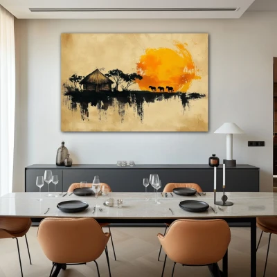 Wall Art titled: Abode of the Ancestral Sun in a  format with: Yellow, Orange, and Beige Colors; Decoration the Living Room wall