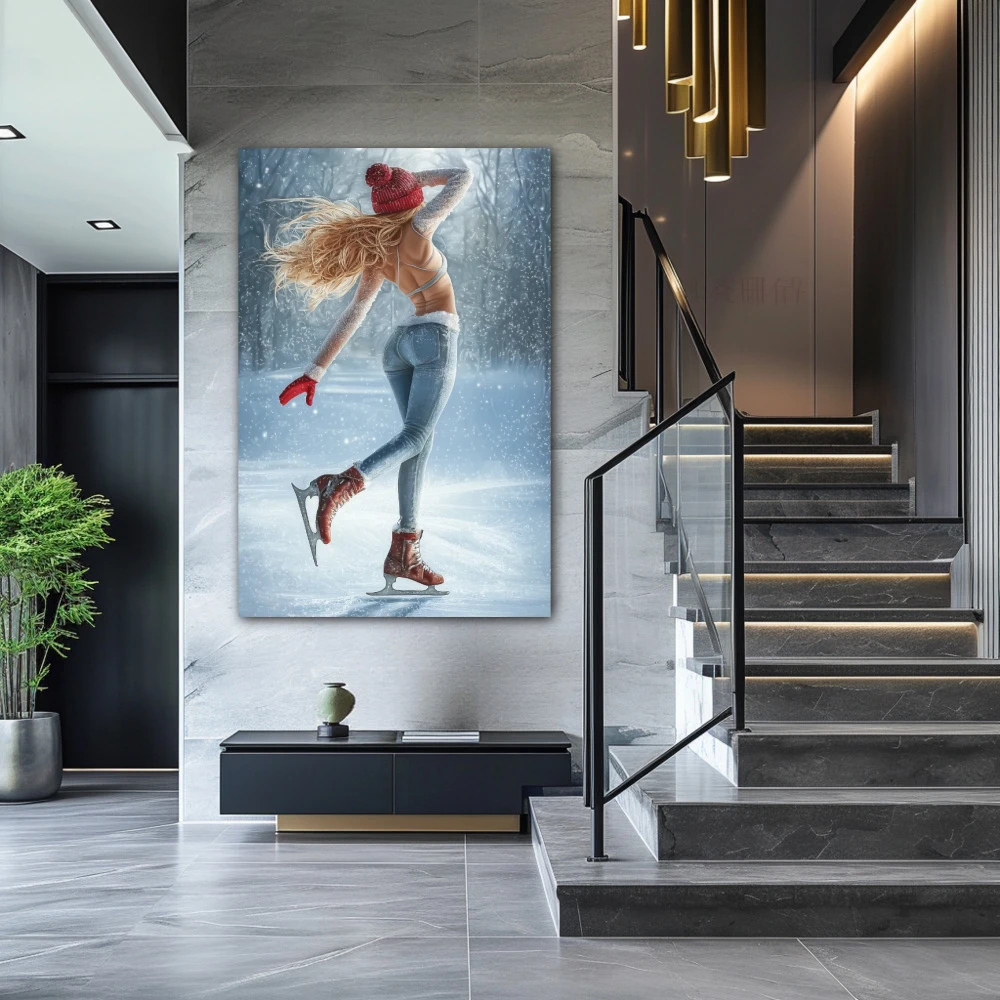 Wall Art titled: The Symphony of Frost in a Vertical format with: Blue, and white Colors; Decoration the Staircase wall