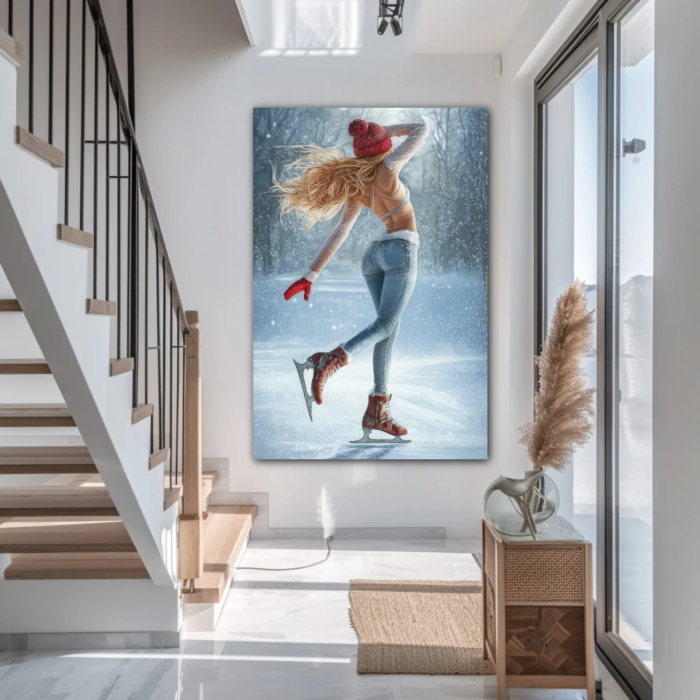 Wall Art titled: The Symphony of Frost in a Vertical format with: Blue, and white Colors; Decoration the Staircase wall