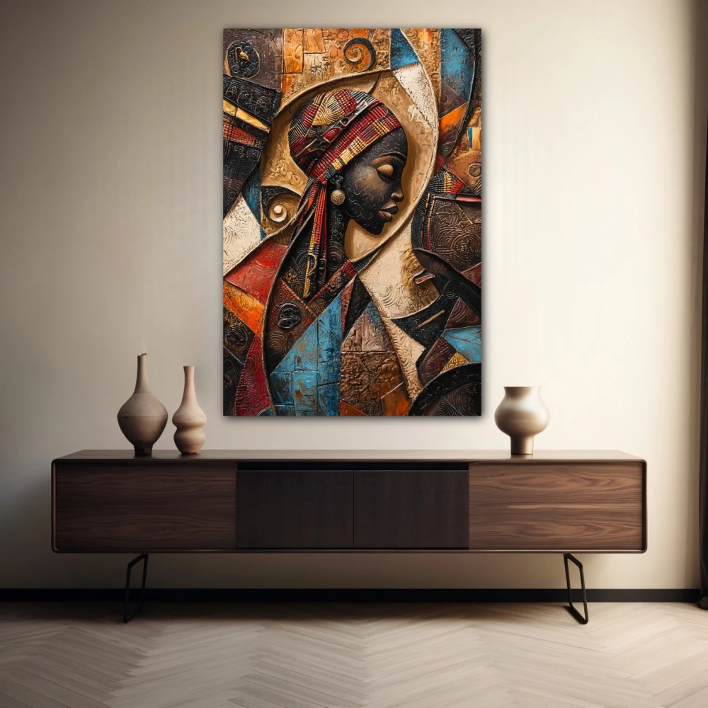 Wall Art titled: Echoes of the Tribal Soul in a Vertical format with: Brown, Orange, and Beige Colors; Decoration the Sideboard wall