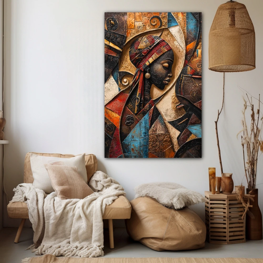 Wall Art titled: Echoes of the Tribal Soul in a Vertical format with: Brown, Orange, and Beige Colors; Decoration the Beige Wall wall