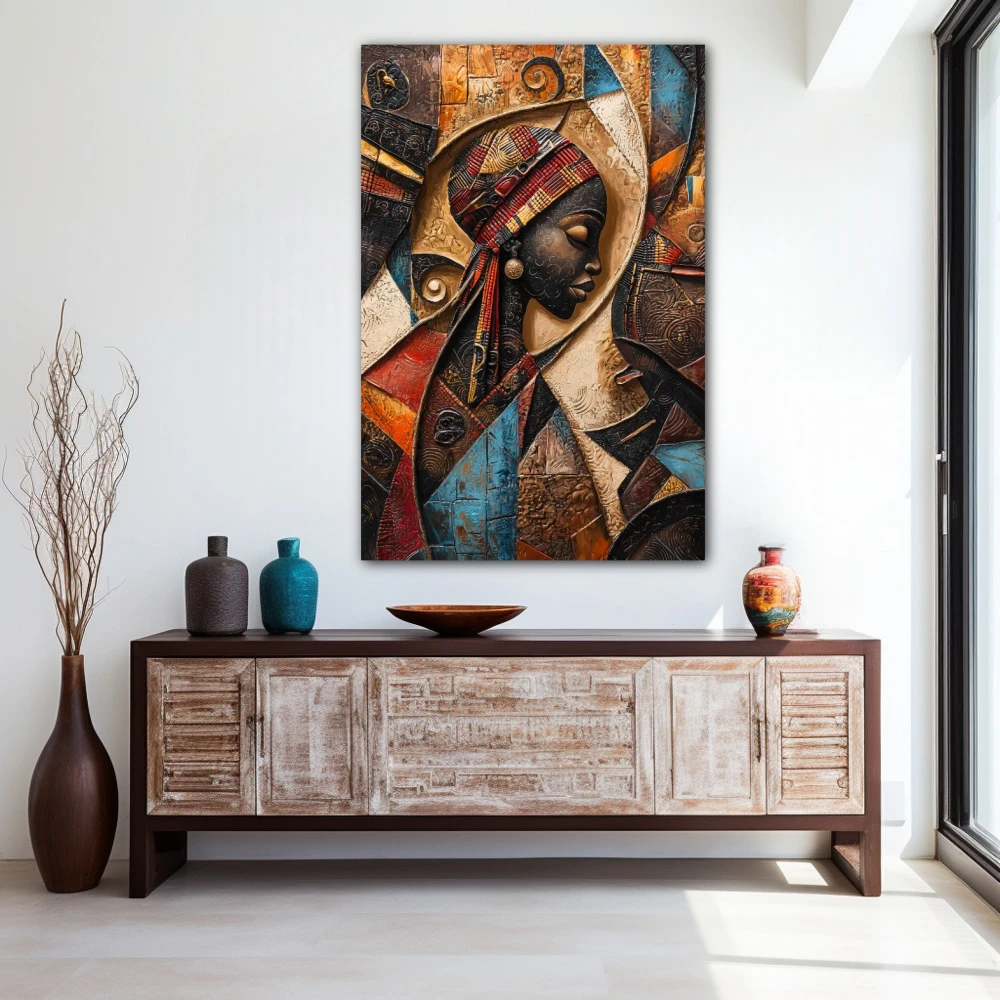 Wall Art titled: Echoes of the Tribal Soul in a Vertical format with: Brown, Orange, and Beige Colors; Decoration the Entryway wall