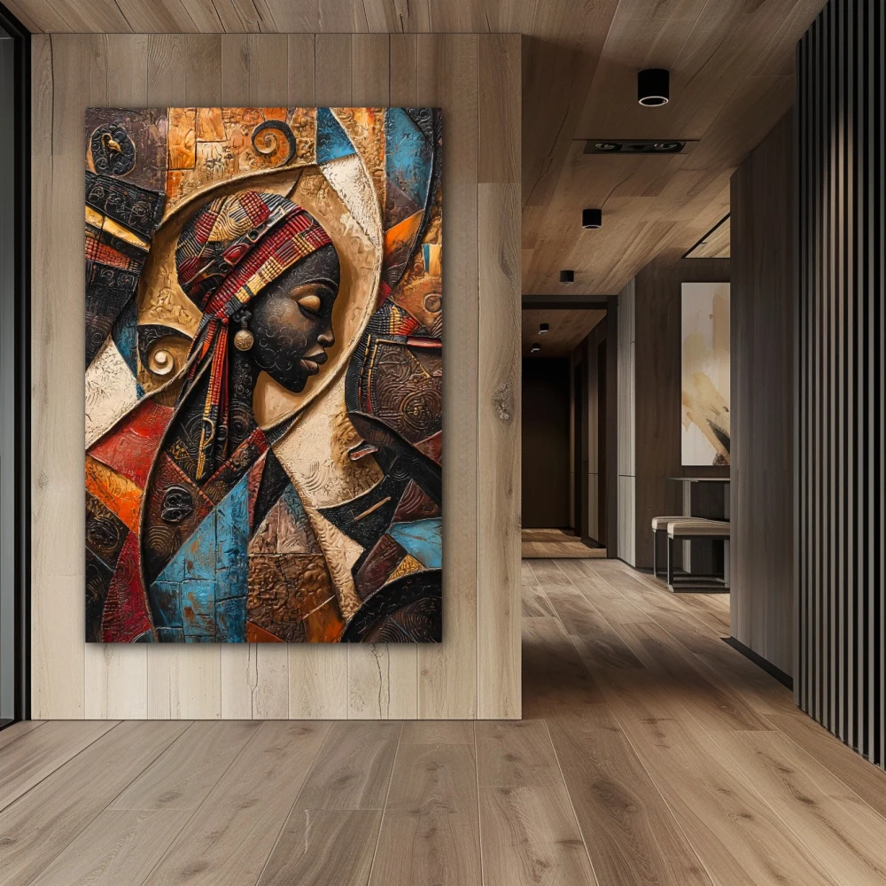 Wall Art titled: Echoes of the Tribal Soul in a Vertical format with: Brown, Orange, and Beige Colors; Decoration the Hallway wall