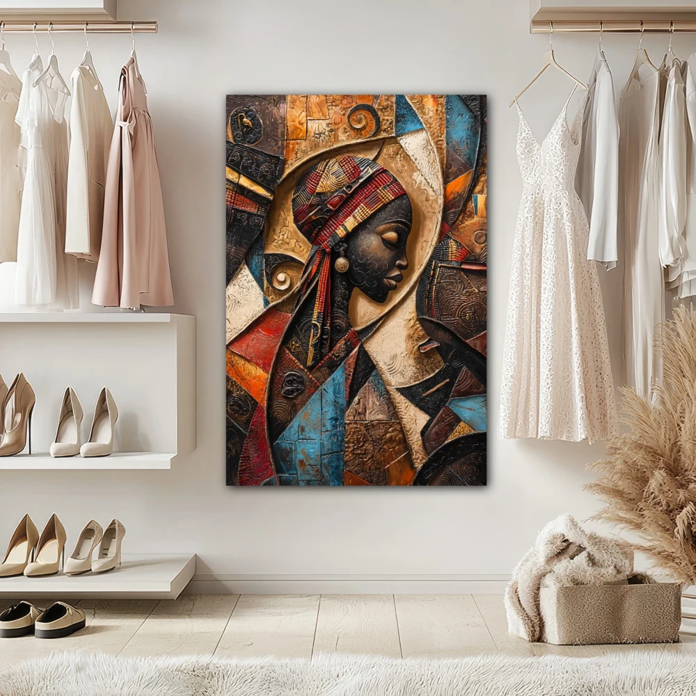 Wall Art titled: Echoes of the Tribal Soul in a Vertical format with: Brown, Orange, and Beige Colors; Decoration the Dressing Room wall