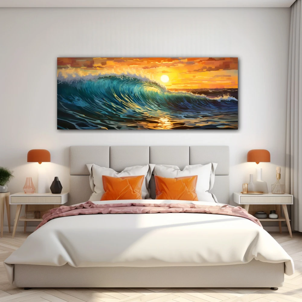 Wall Art titled: On the Crest of the Sunset in a Elongated format with: Yellow, Sky blue, and Orange Colors; Decoration the Bedroom wall