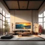Wall Art titled: On the Crest of the Sunset in a Elongated format with: Yellow, Sky blue, and Orange Colors; Decoration the Living Room wall
