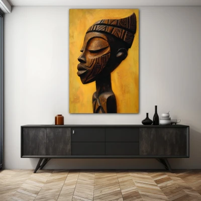 Wall Art titled: Essence and Roots in a  format with: Brown, and Mustard Colors; Decoration the Sideboard wall