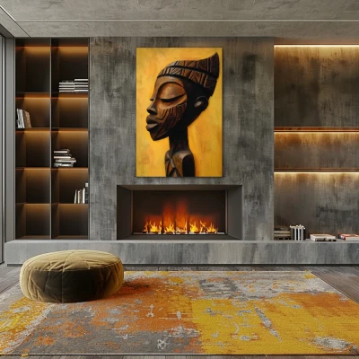 Wall Art titled: Essence and Roots in a Vertical format with: Brown, and Mustard Colors; Decoration the Fireplace wall