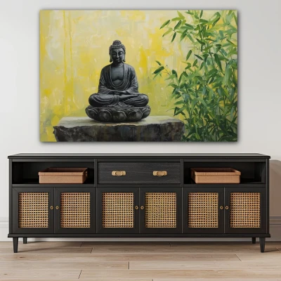 Wall Art titled: The Whisper of the Soul in a  format with: Yellow, and Green Colors; Decoration the Sideboard wall