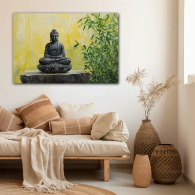 Wall Art titled: The Whisper of the Soul in a  format with: Yellow, and Green Colors; Decoration the Beige Wall wall