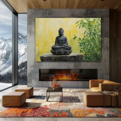 Wall Art titled: The Whisper of the Soul in a  format with: Yellow, and Green Colors; Decoration the Fireplace wall