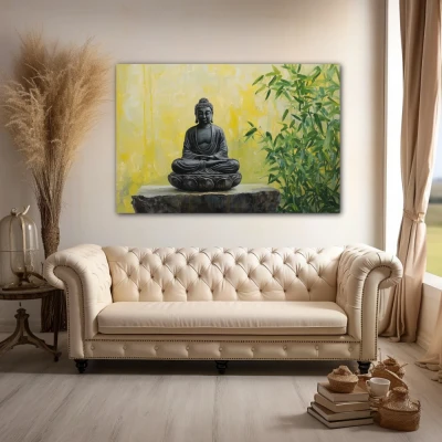 Wall Art titled: The Whisper of the Soul in a  format with: Yellow, and Green Colors; Decoration the Above Couch wall