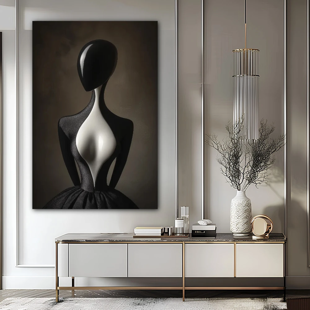 Wall Art titled: Effigy of Elegance in a Vertical format with: white, Grey, and Black Colors; Decoration the Sideboard wall